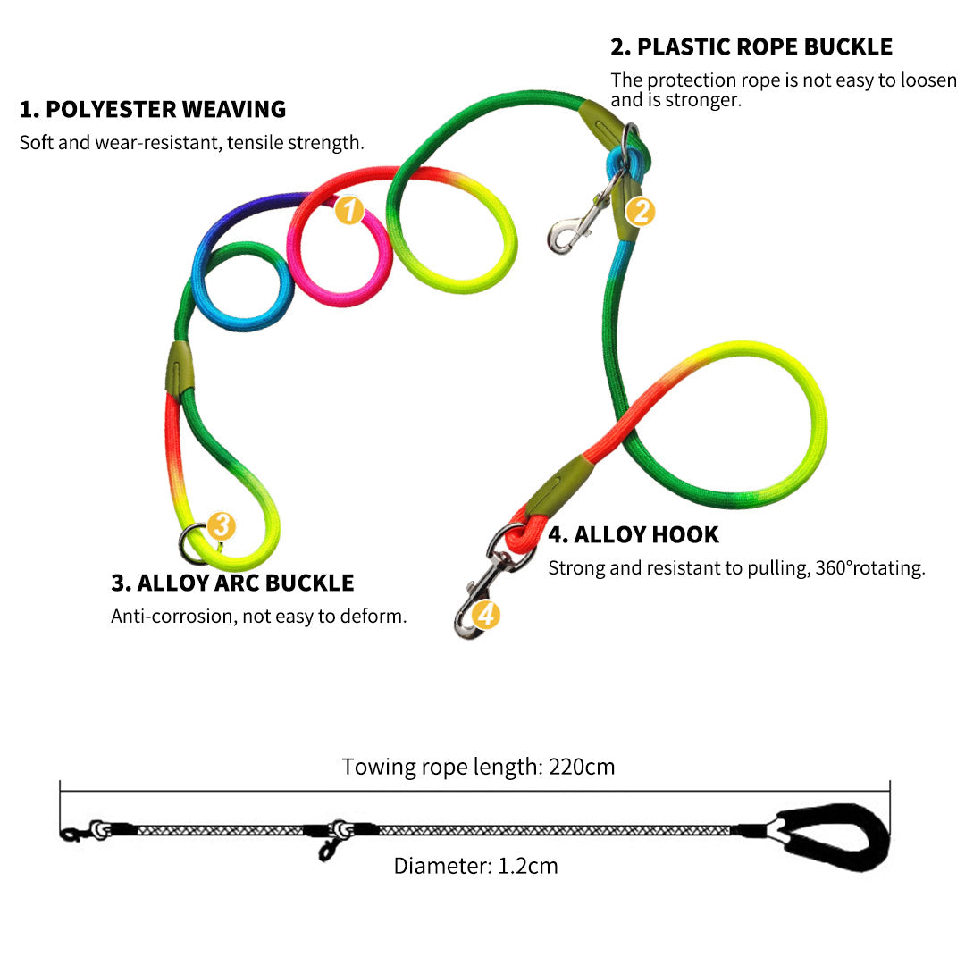 Hands-Free Double-Ended Dog Leash – 220cm Rainbow, 2-Pack