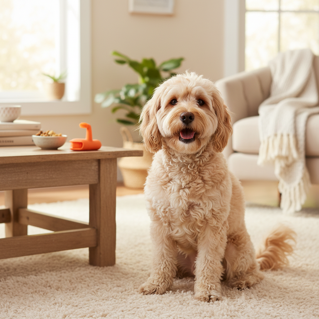 Cavoodle dog with soft silicone pet toothbrush in cozy home setting