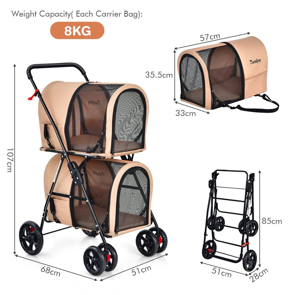 4-in-1 Double Pet Stroller with Detachable Carriers – Beige