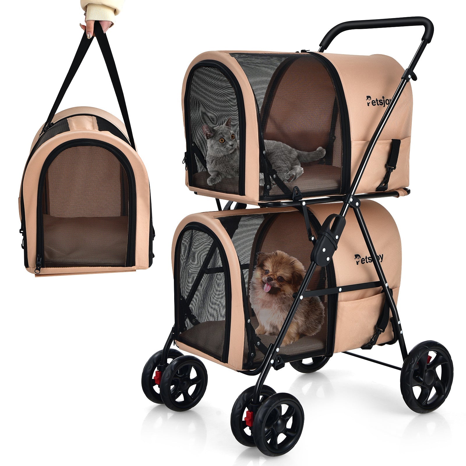 4-in-1 Double Pet Stroller with Detachable Carriers – Beige