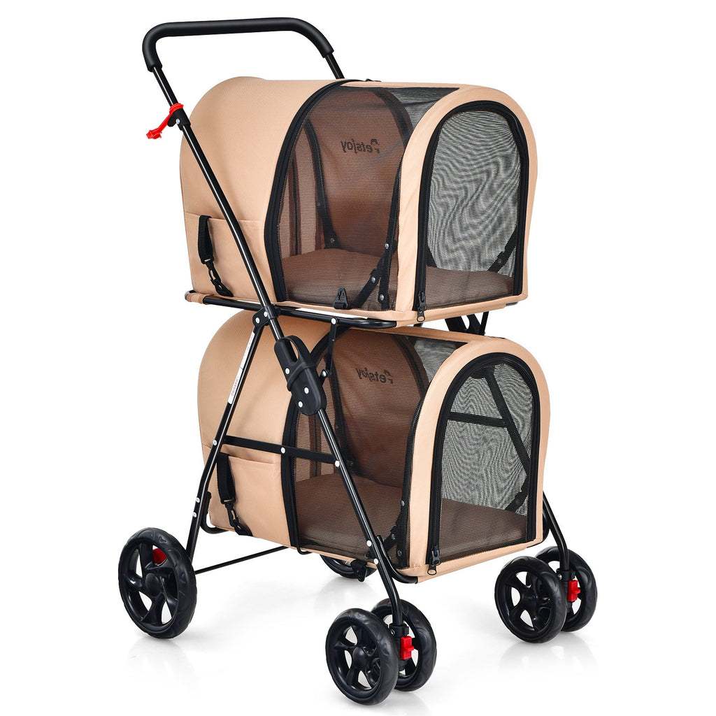 4-in-1 Double Pet Stroller with Detachable Carriers – Beige